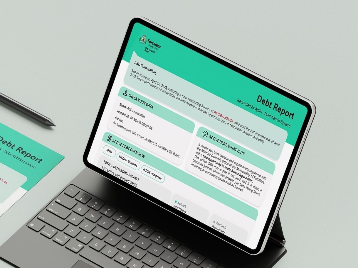 Debt Admin System report generation screen showing one-click export to PDF or email