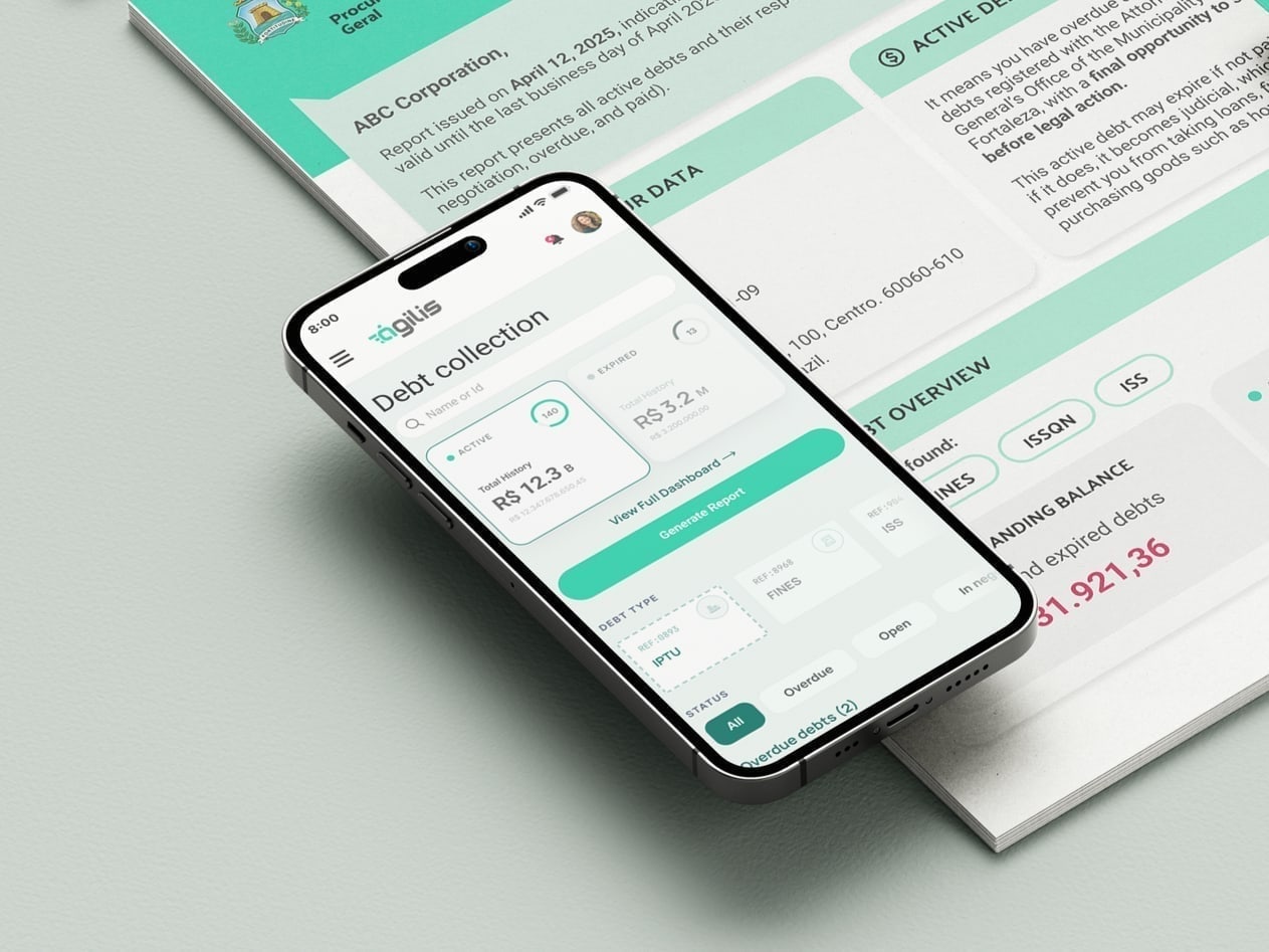 Debt Admin System dashboard showing real-time debt tracking with status filters and trend indicators