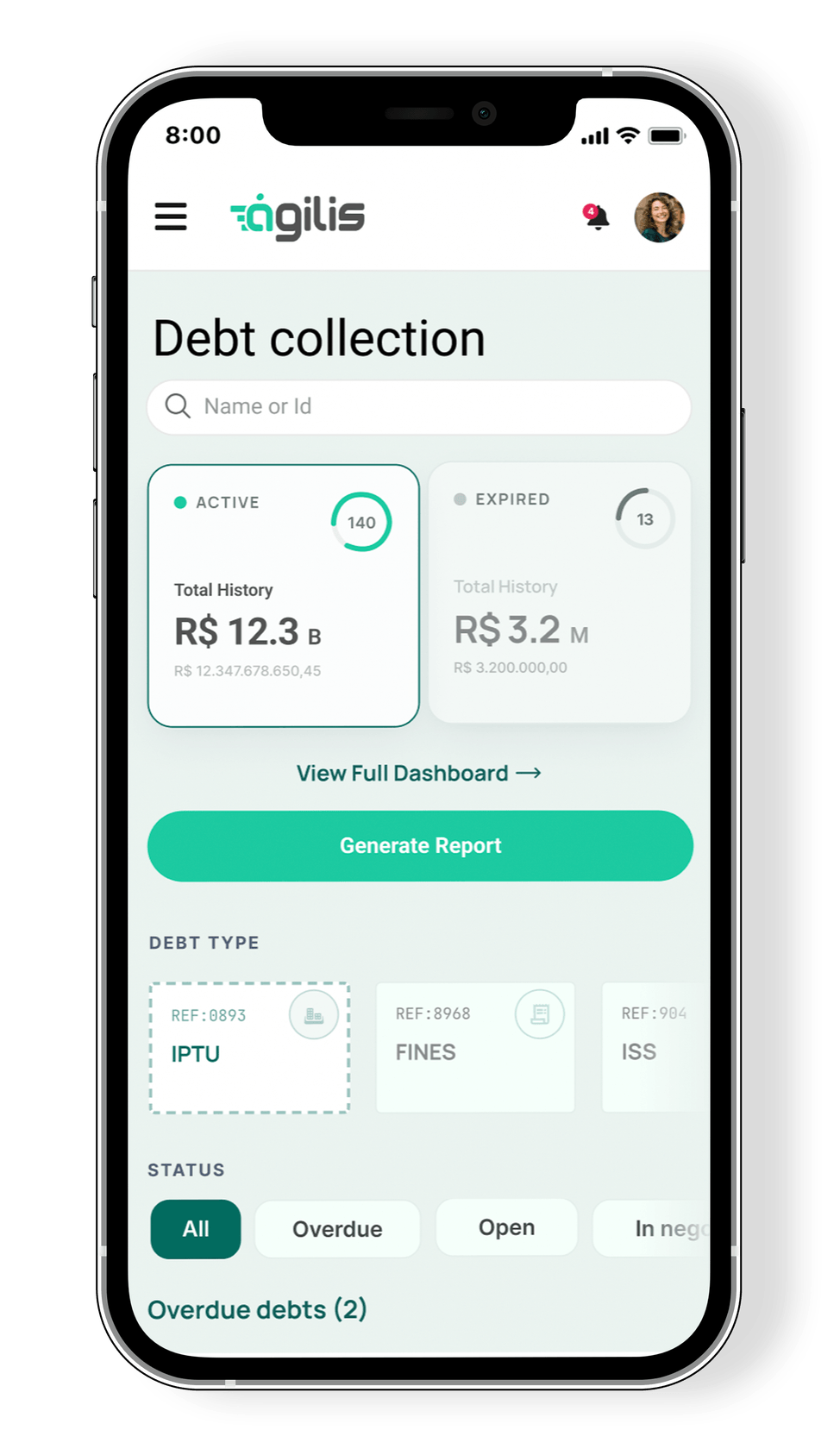 Debt Admin dashboard showing active debt collection cases with status and value filters