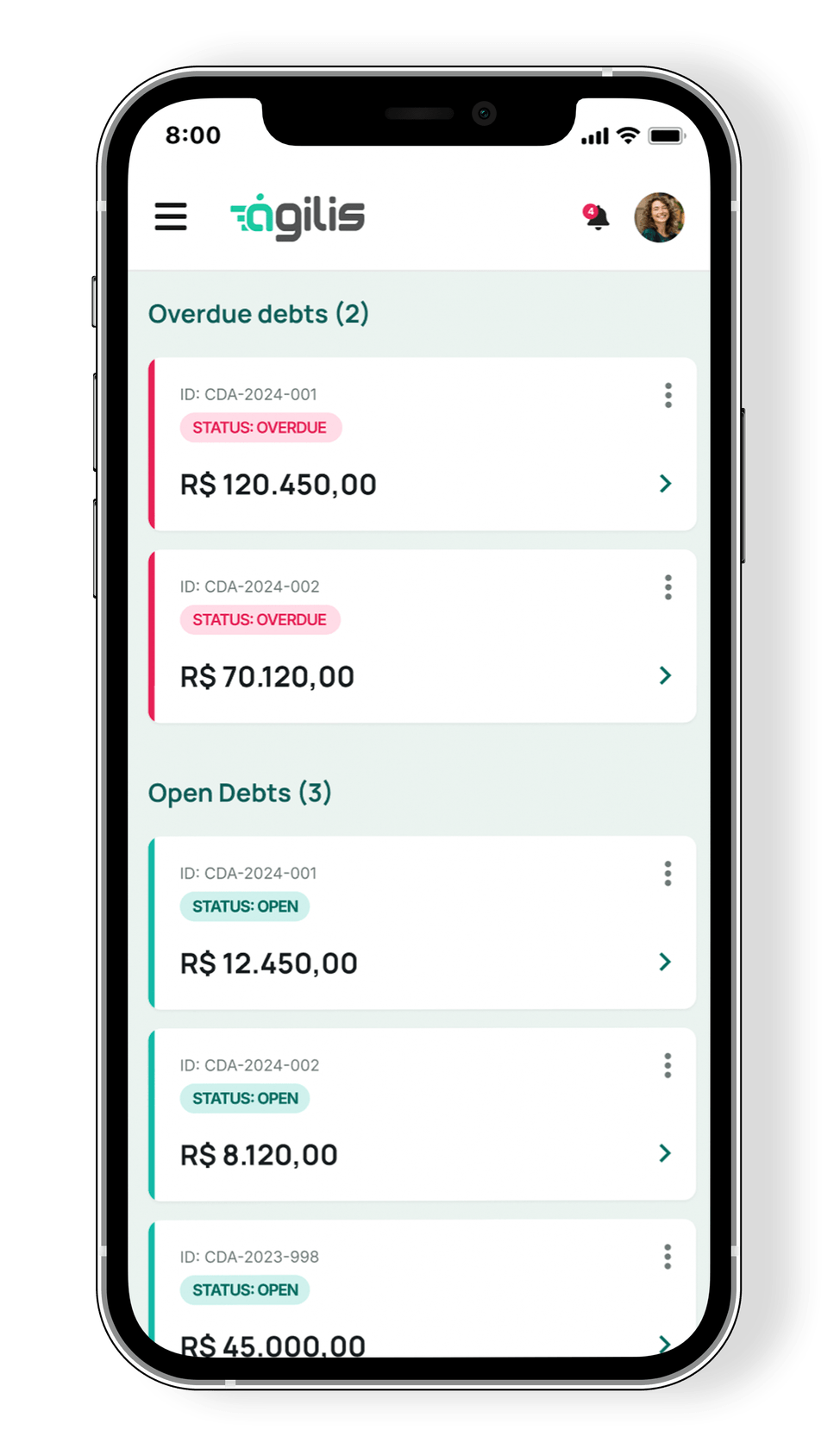 Individual case detail view showing debt timeline, actions, and collection history