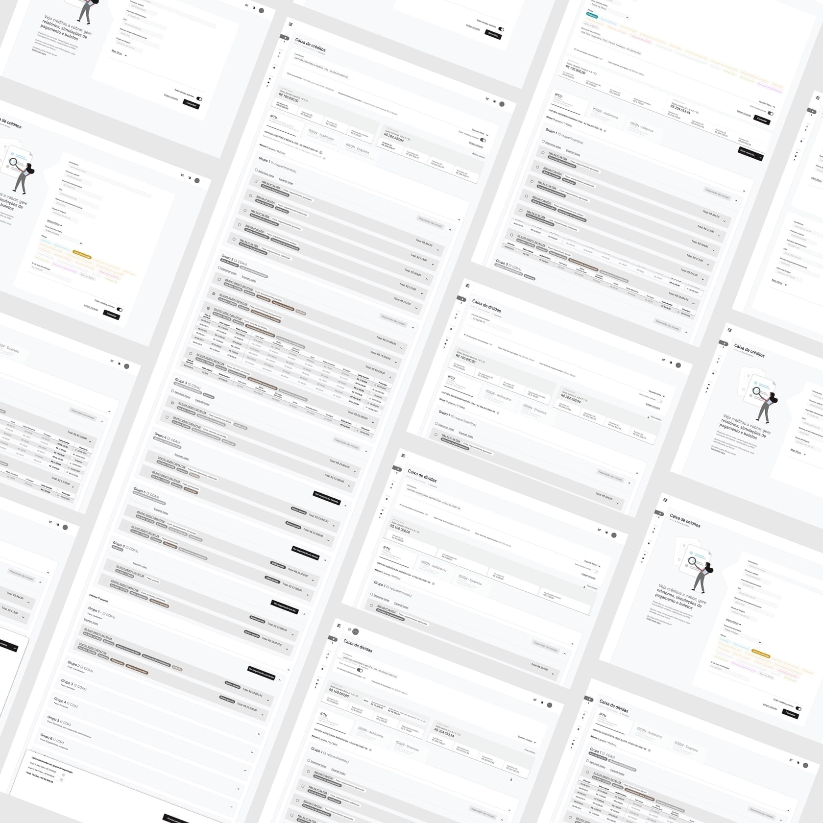 Low-fidelity wireframes for the dashboard, case detail, and report generation flows