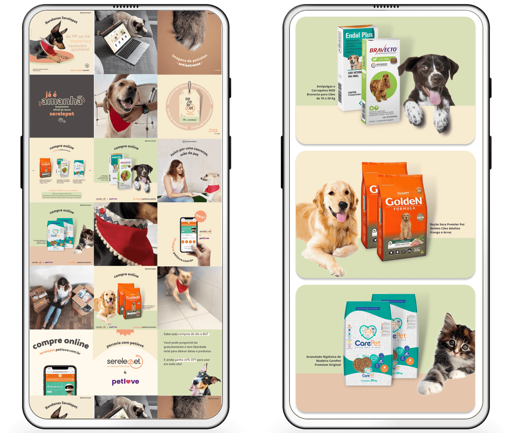 Two smartphone mockups on a transparent background. Left: Instagram-style grid with pet photos, products, Serelepet branding, "compre online" posts, and Petlove partnership. Right: three stacked product banners for parasite care, Golden Formula dog food with a golden retriever, and CarePet litter with a kitten.