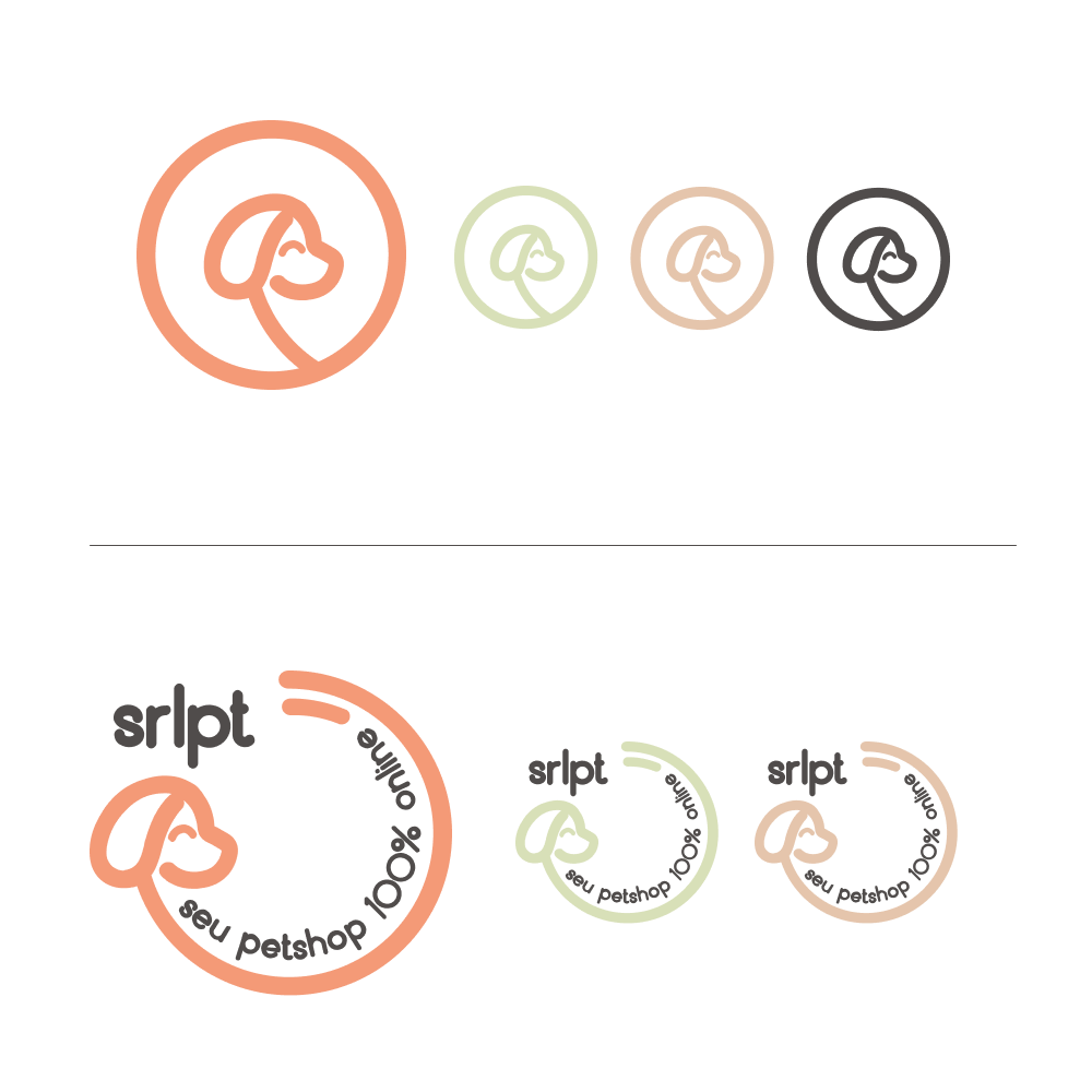 Serelepet logo lockups: circular badges with a minimal line dog head in coral, mint, and neutral rings, plus the horizontal logo with the tagline "seu petshop 100% online" in coral.
