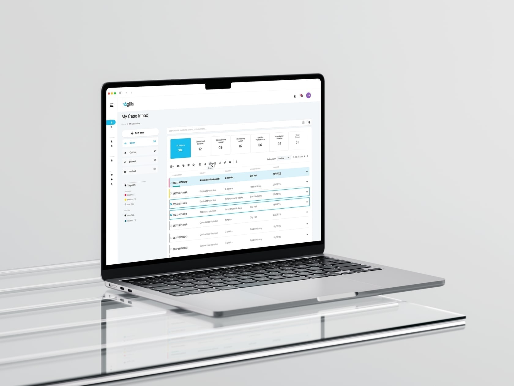Legal case management dashboard showing case status, deadlines, and team assignments