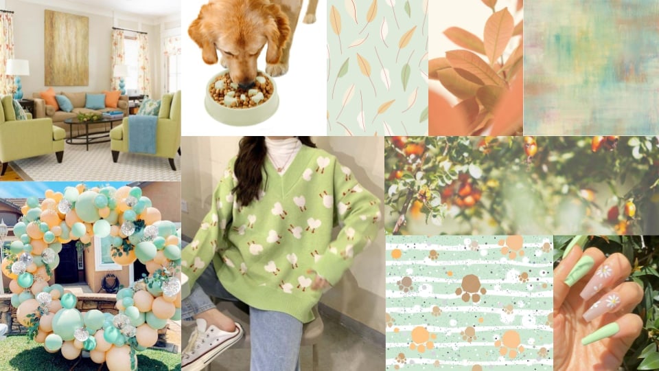 Brand moodboard in mint, peach, and coral: interior and lifestyle photos, a dog eating, foliage, textile and pattern swatches including leaves and paw prints, and manicure detail, establishing warm, pet-friendly visual references.