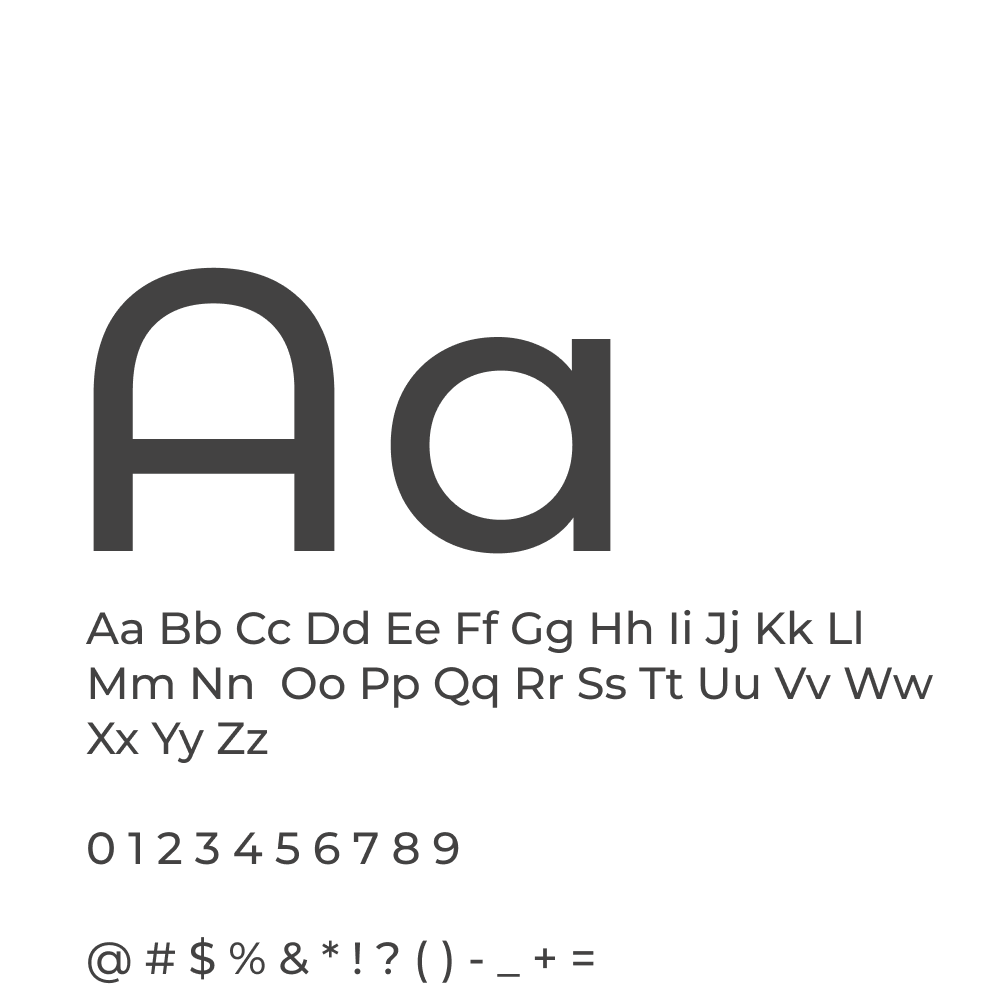Montserrat type specimen in dark grey: full alphabet in upper and lower case, numerals, and punctuation in a geometric sans-serif, demonstrating weight and character shapes for the Serelepet brand.
